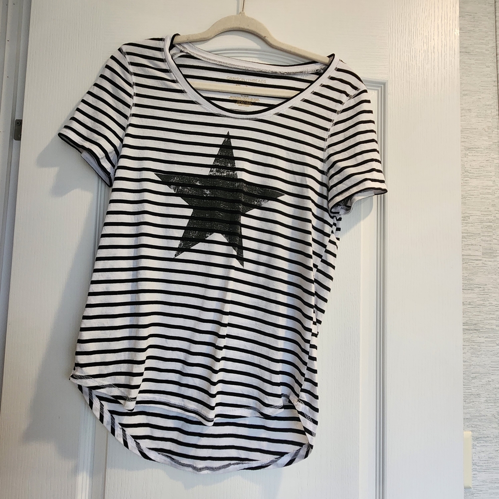 Grayson Threads Black and White Striped Star Top Size L Euc